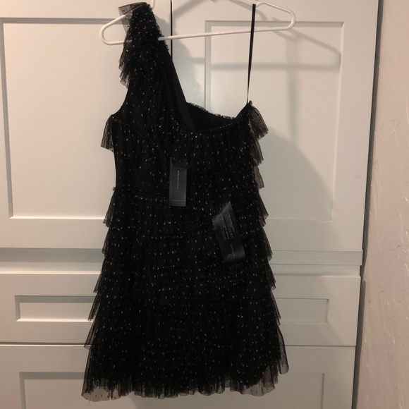 Black one shoulder dress with gold sparkle dots - Picture 2 of 4